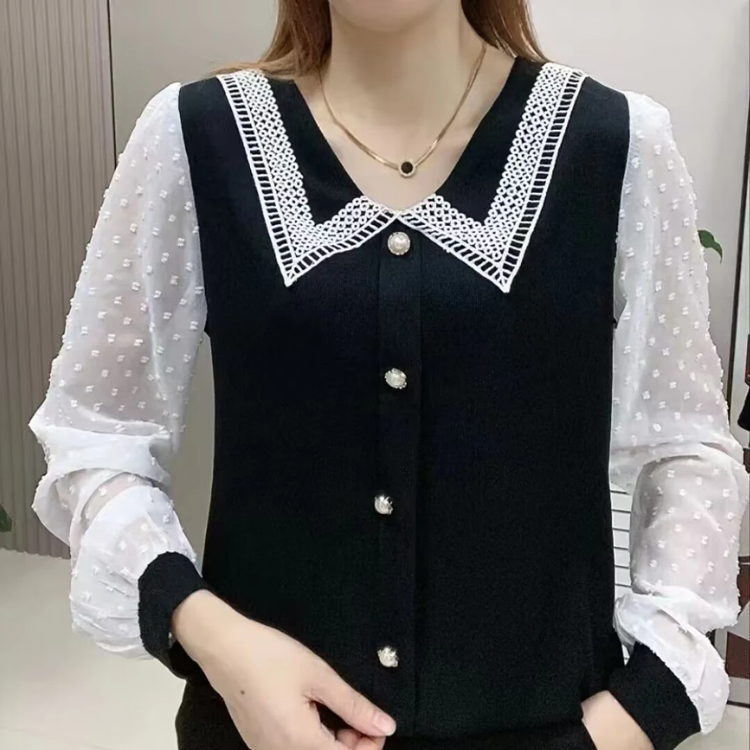 2024新款春季薄洋气百搭纽扣拼接娃娃领气质时尚减龄宽松显瘦小衫