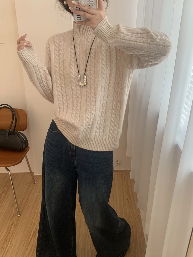 正品洪叶云台100%纯山羊绒加厚绞花气质宽松纯羊绒衫纯色半高领