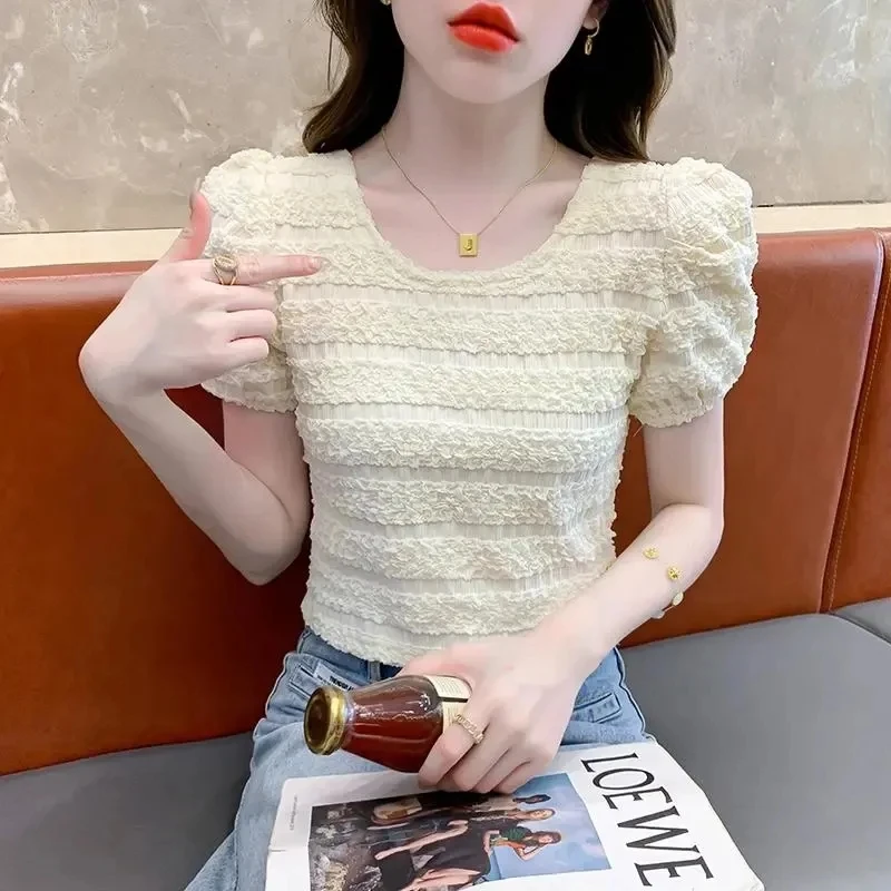 小香风缇花短款圆领上衣女套头短袖2025法式夏季新款修身褶皱百搭