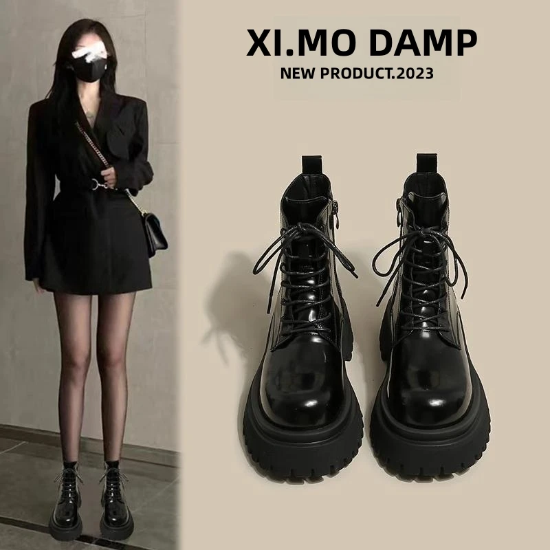 马丁靴女鞋2025春夏款单靴厚底中筒机车靴黑色漆皮ins英伦风短靴