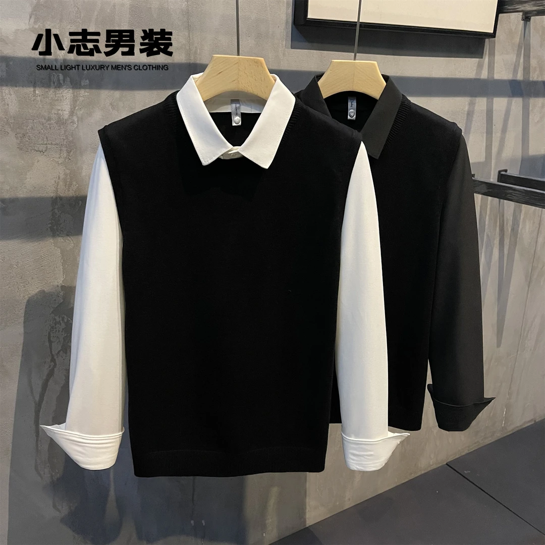 2025新款绅士风气质拼接翻领假两件针织衫男轻奢时尚潮流百搭上衣
