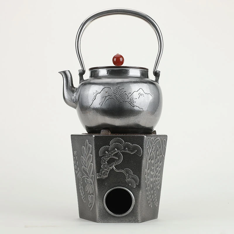 竹梅兰菊松碳炉砂铁壶1.2升纯手工烧水泡茶壶