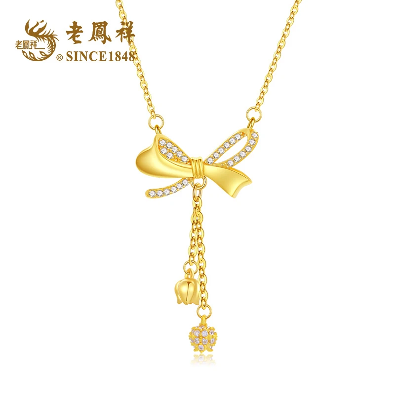 老鳯祥 坠链均925银合成锆石 花漾蝴蝶结项链轻奢时尚百搭少女S