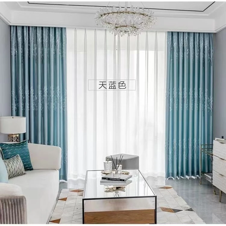 后现代天蓝色简约遮光遮阳客厅卧室阳台飘窗加厚隔音提花成品窗帘