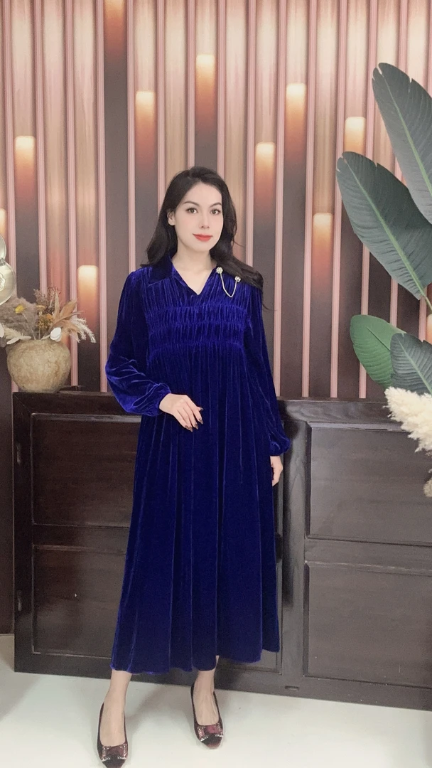 【沐北服装】2024年新款秋季满分桑蚕丝绒连衣裙YG-1078（裙长125cm）