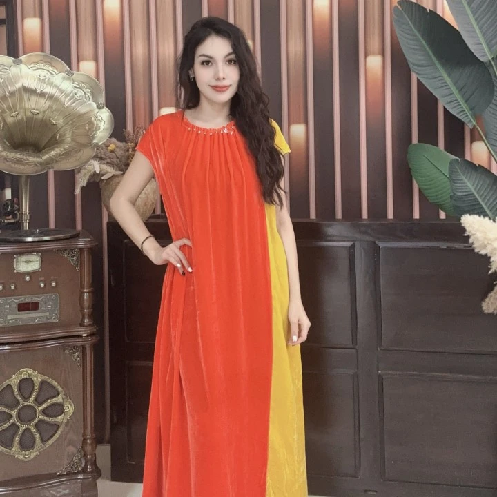 【沐北服饰】百分百桑蚕丝丝绒撞色连衣裙YG-0392