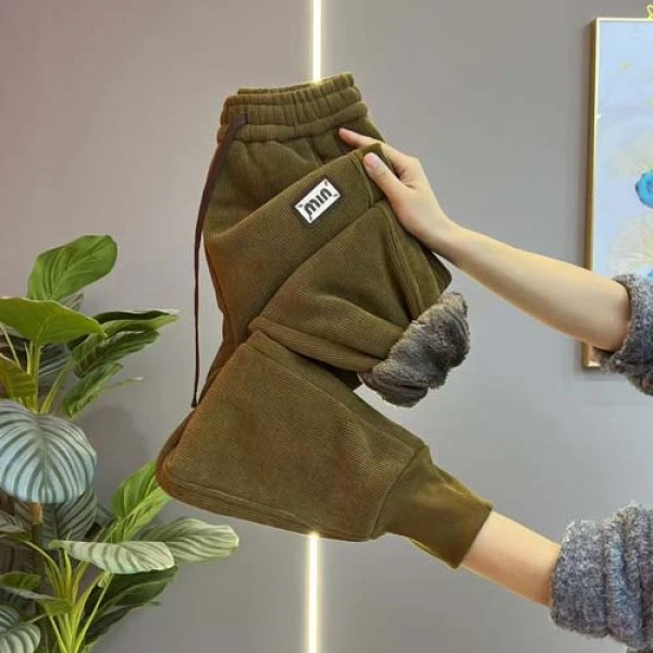 冬季新款外穿加绒加厚羊羔绒保暖休闲卫裤时尚百搭纯色束脚哈伦裤