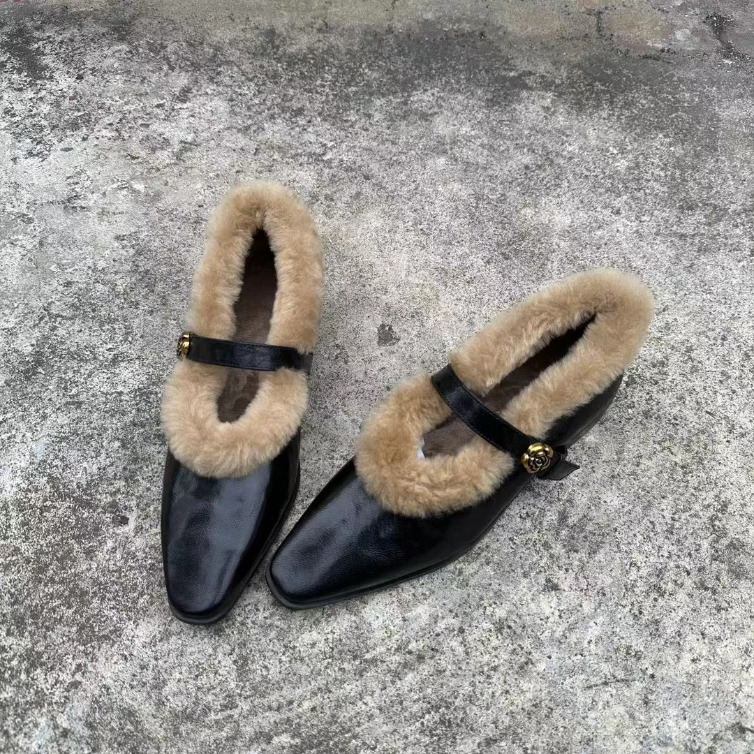 24款羊羔毛真皮小方头3cm保暖加绒毛毛鞋冬季时尚休闲女士单鞋