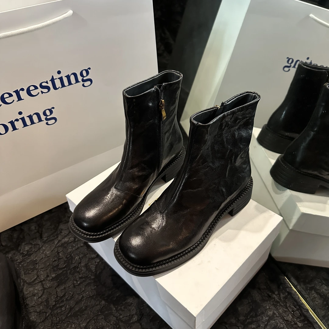 百搭简约时尚休闲粗跟厚底英伦风方头秋冬圆头手抓纹真皮时装靴