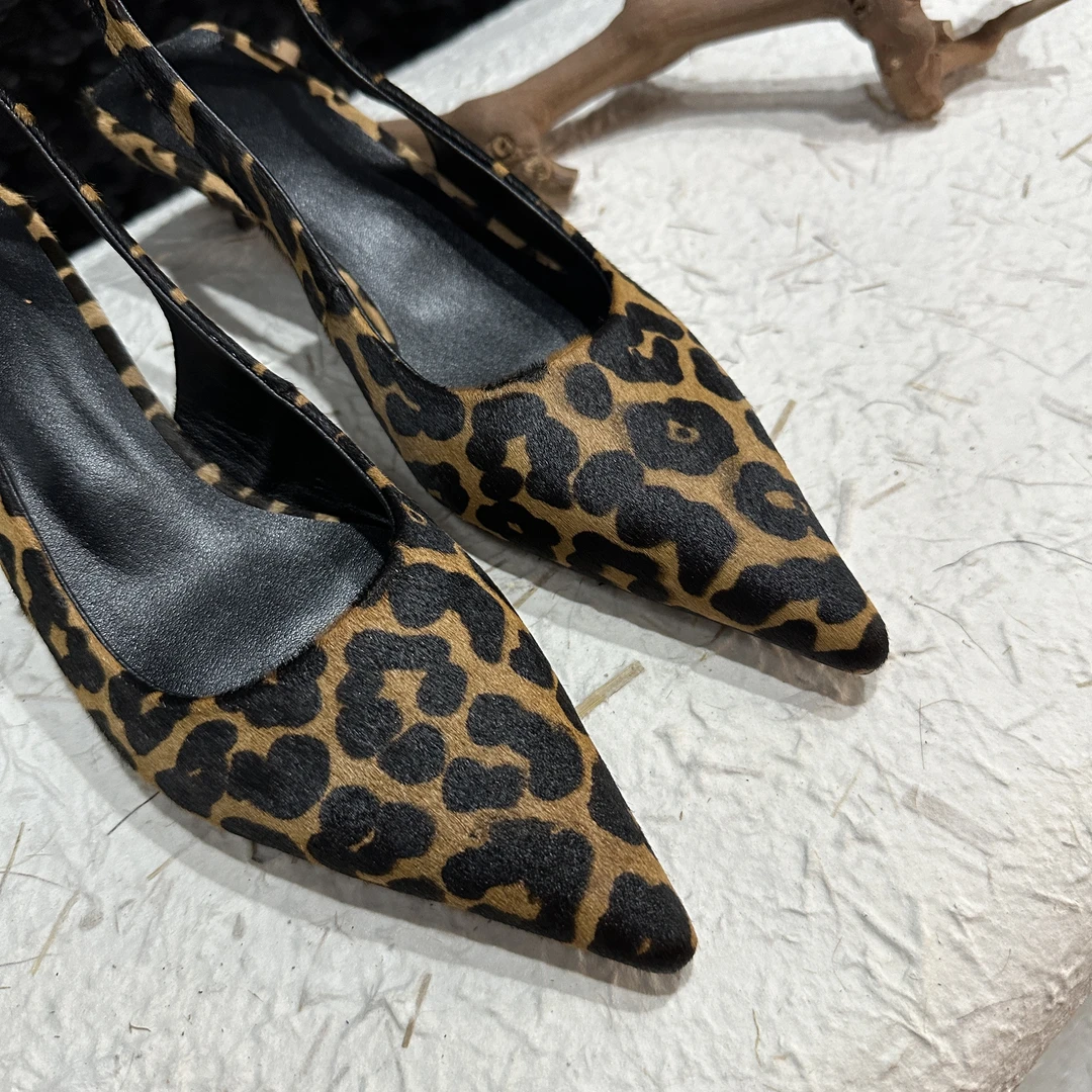 气质休闲豹纹百搭复古高跟4cm时尚女士细跟尖头浅口单鞋