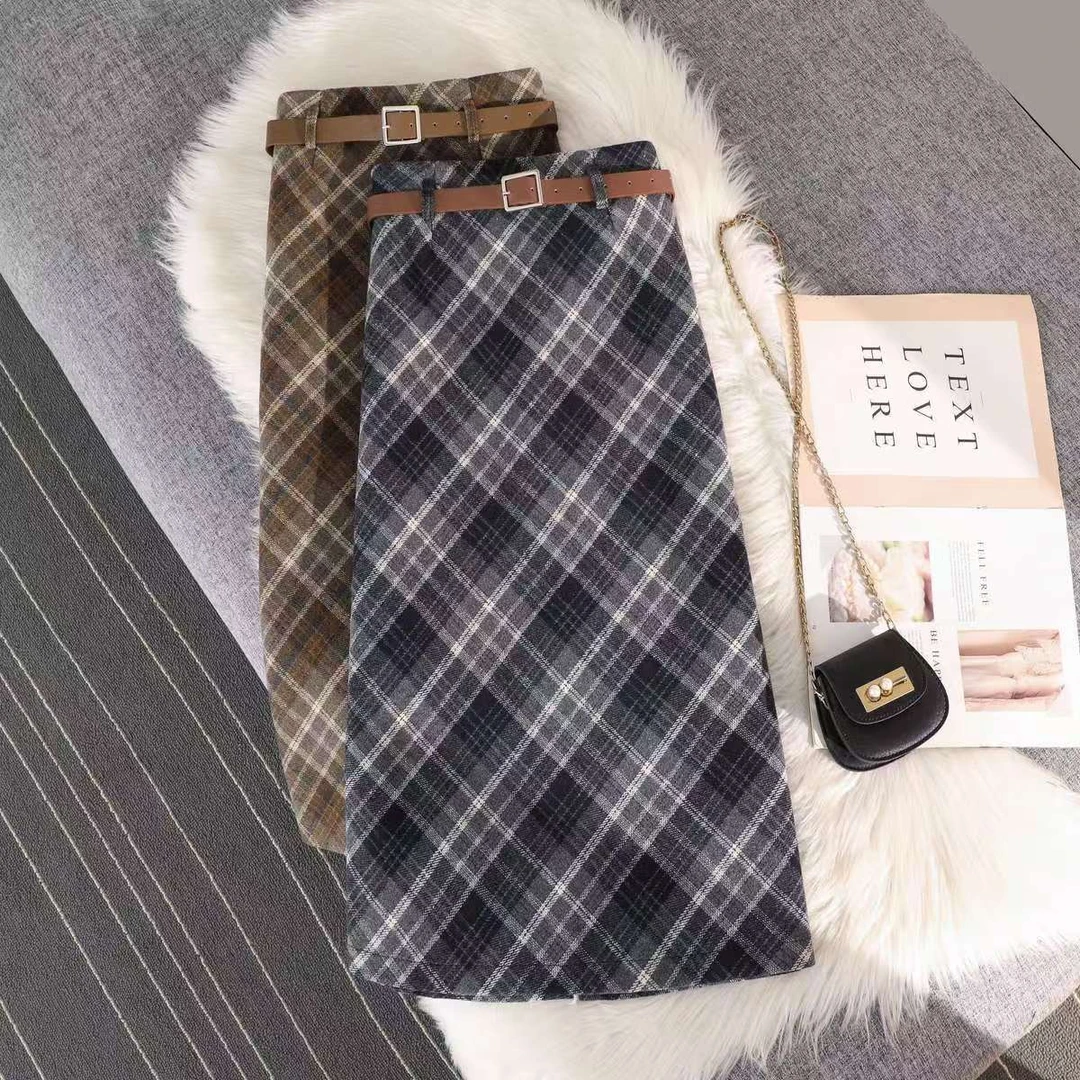 百搭格子毛呢半身裙女2024秋冬时尚高腰A字复古格纹包臀开叉长裙