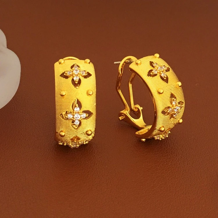 铜合金合成锆石耳饰 9131复古镂空花朵耳扣气质百搭C字耳环耳饰