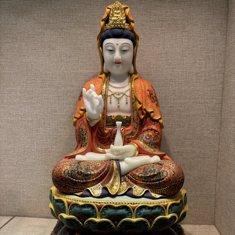 天然汉白玉原石整料手工雕刻坐莲观音像观音菩萨像手工彩绘48cm高