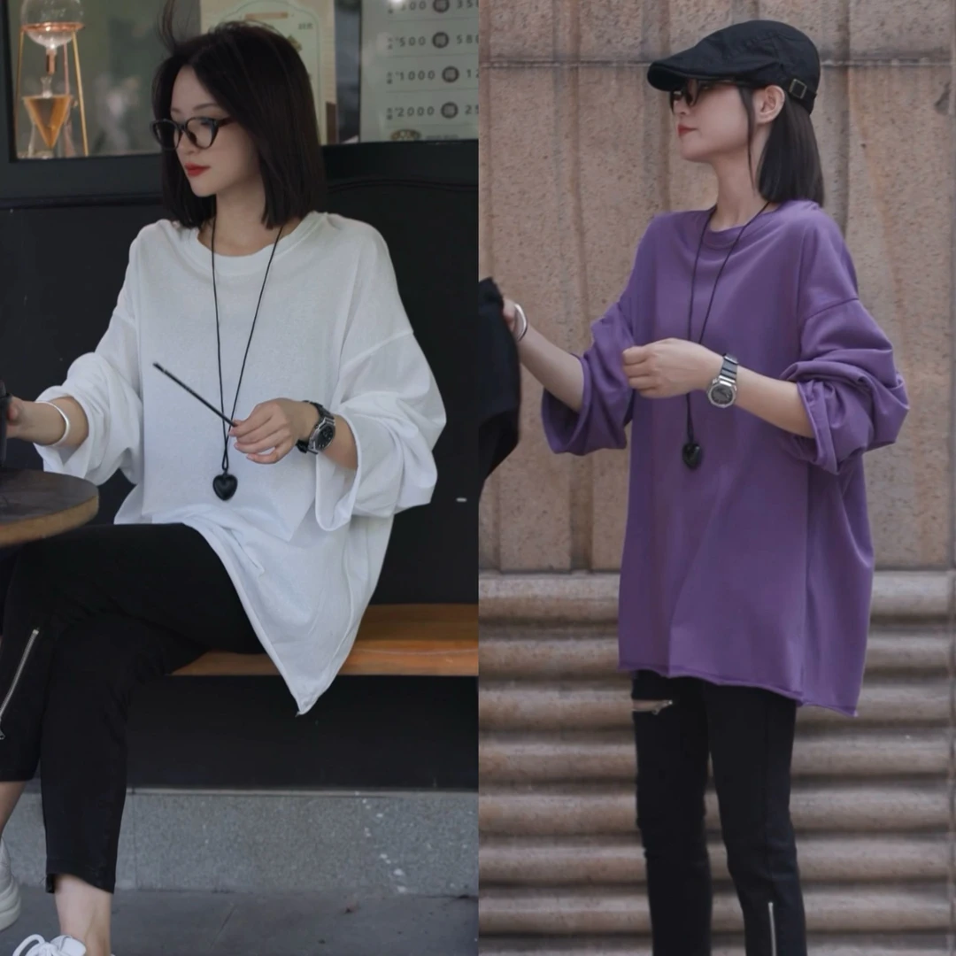【思墨妍选】8027鱼骨线卷边设计韩系慵懒长袖上衣