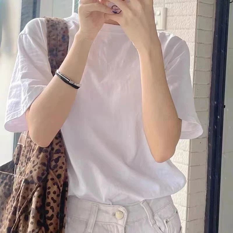 2025春夏新款白色纯棉短袖T恤女夏季小众设计感大码ins半袖上衣男