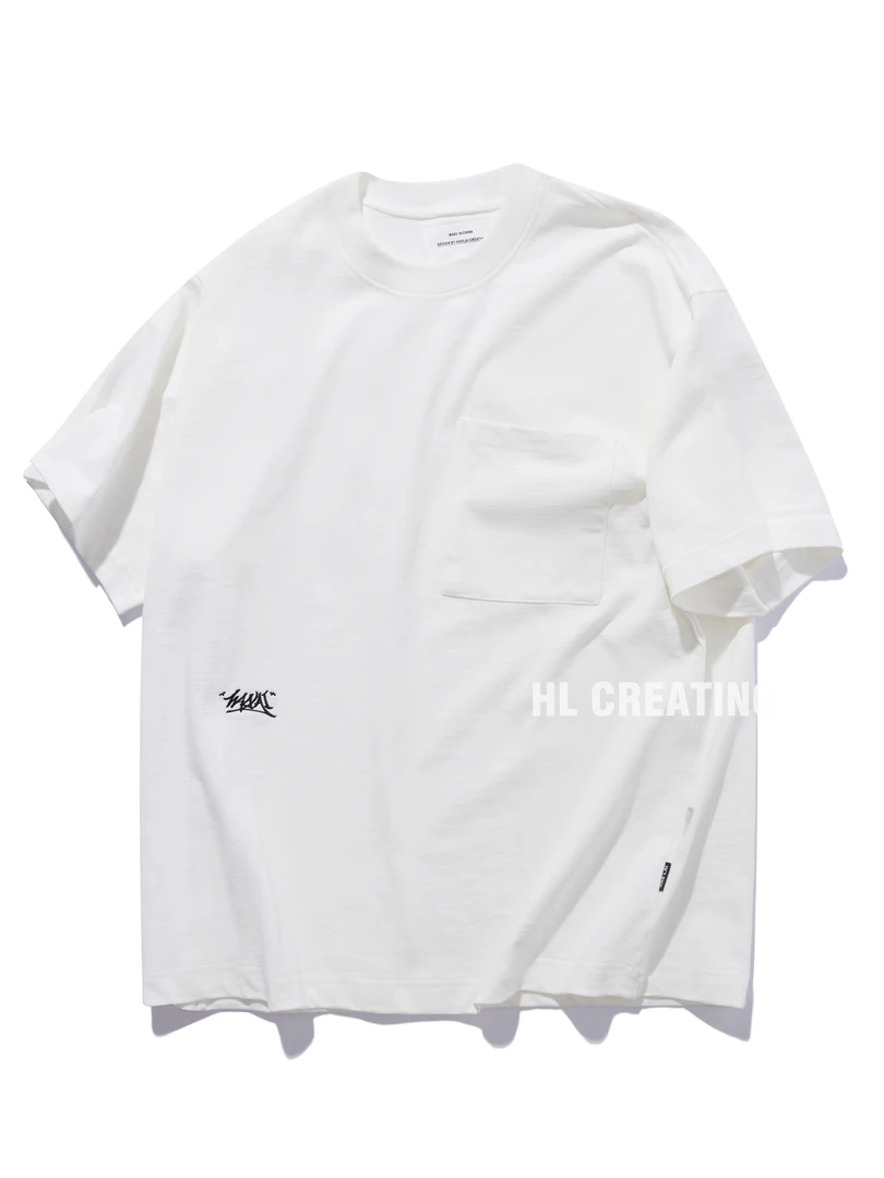 T22055-370克重磅订织竹节棉纯棉日系宽松刺绣短袖T恤男女同款-