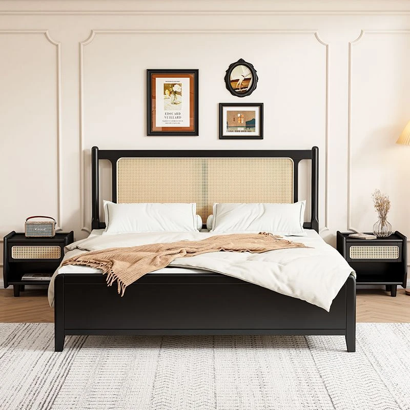 统睿北欧实木床藤编床日式侘寂风民宿1.5米1.8大床复古黑色主卧双