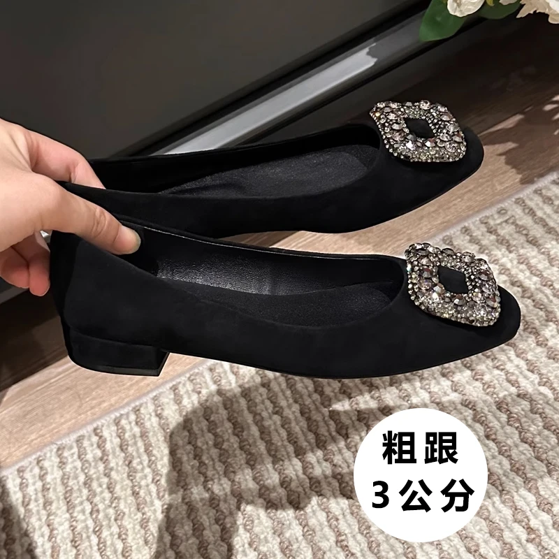 方头粗跟浅口单鞋女2024春秋新款网红百搭绒面低跟瓢鞋黑色工作鞋