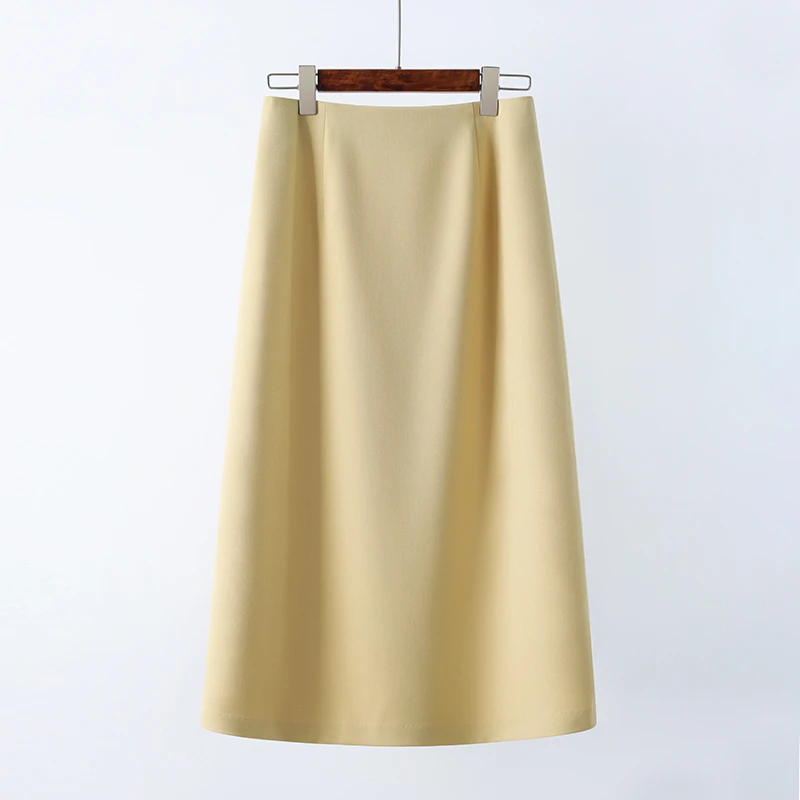 夏季新款高腰显瘦姜黄色小设计高腰开叉a字长裙混纺简约通勤女款