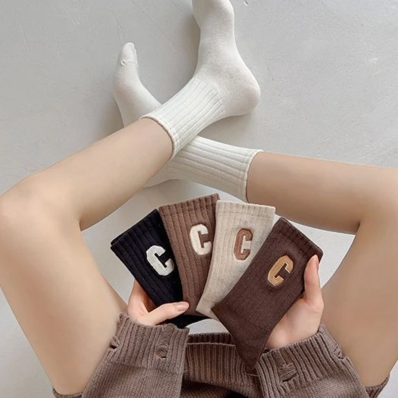 【3元包邮福利】5双装/袜子女秋冬中筒袜韩版潮流C字款网红爆款纯色
