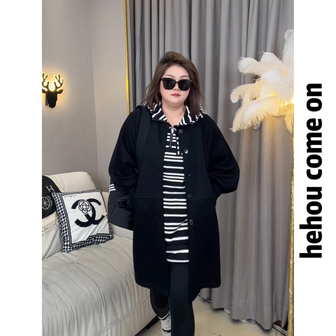 91443 和后品牌 秋季纯黑百搭显瘦气质宽松时尚高级感风衣外套