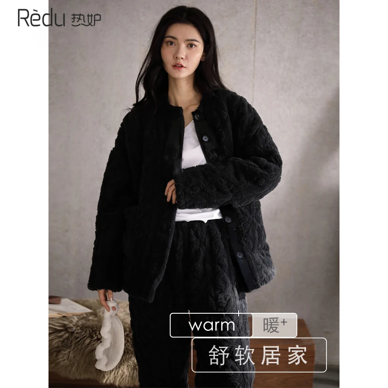 热妒睡衣女冬季珊瑚绒款三层夹棉圆领开衫加绒加厚家居服可外穿