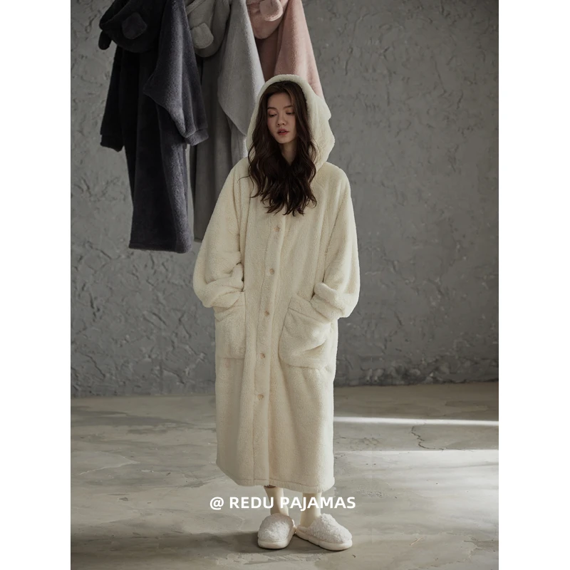 热妒睡袍女秋冬季熊耳朵珊瑚绒加绒加厚连帽浴袍保暖纯色睡衣