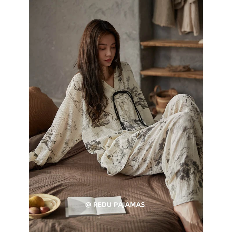 热妒睡衣女春秋款纯棉纱布婴儿棉带胸垫一体水墨画长袖长裤套装