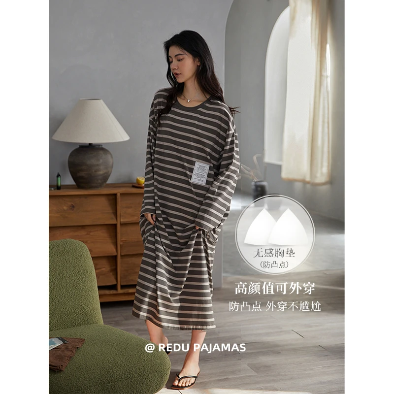 热妒睡裙女春秋季纯棉2025新款宽松卡通带胸垫防凸点长袖宽松全棉