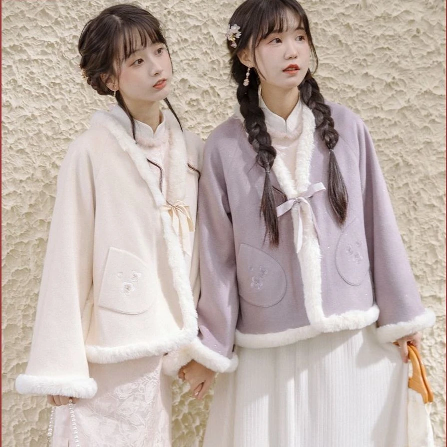 文艺复古小清新梅花刺绣短外套汉元素宽袖毛边加绒上衣女秋冬季新