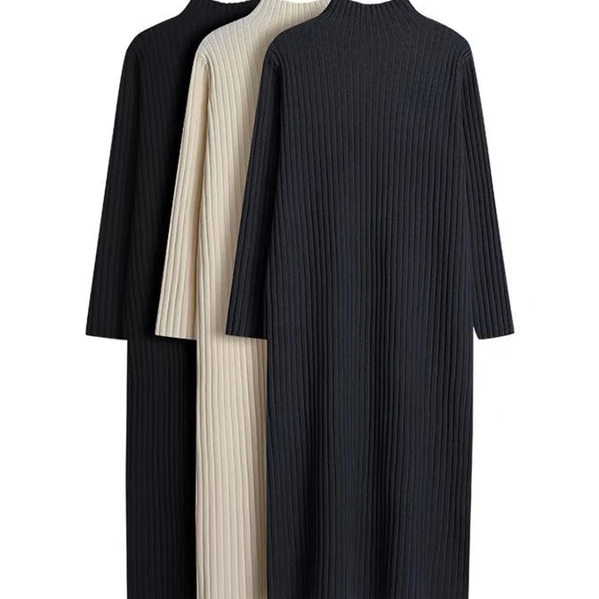秋冬季女半高领宽松长袖内搭中长款打底过膝针织高档显瘦连衣裙