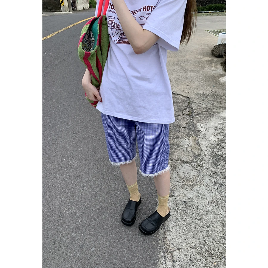 Hellooo Eat 韩版夏季小众蓝格子中裤EM1265