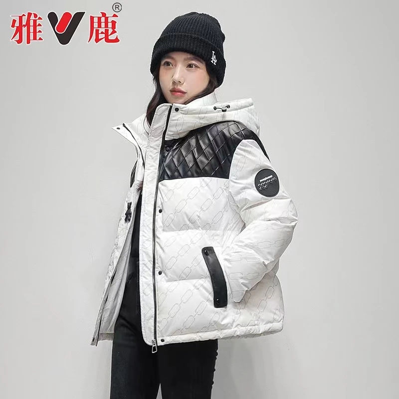 【雅鹿正品】羽绒服女2024年连帽百搭保暖撞色短款冬季时尚秋冬外套