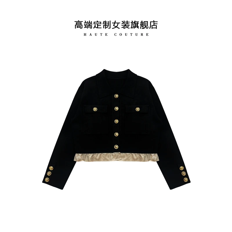 【SHIBO】秋冬新款假两件撞色边层次感翻领金属扣黑色针织外套