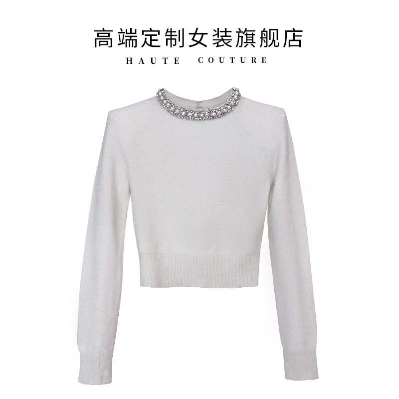 【SHIBO】秋冬甜美温柔气质百搭减龄重工钉珠镶钻短款毛衣针织衫