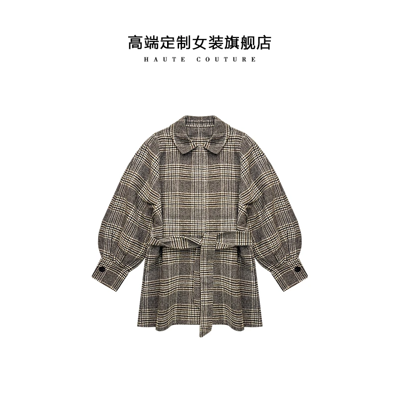 【SHIBO】秋冬复古格纹宽松腰带双面呢翻领英伦毛呢外套羊毛大衣