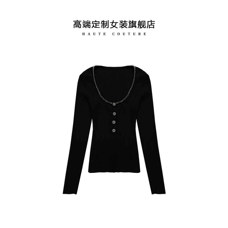 【SHIBO】法式小众秋冬钻饰大U领性感气质修身气质长袖打底针织衫