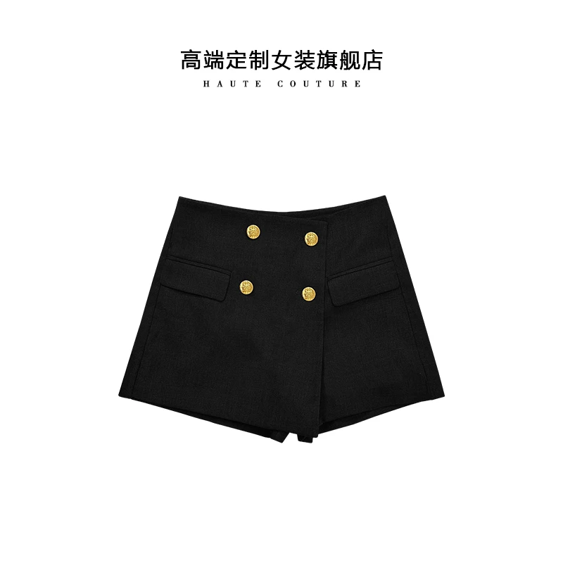 秋季不规则设计感斜门襟金属扣高腰小个子黑色百搭通勤半身裙裤