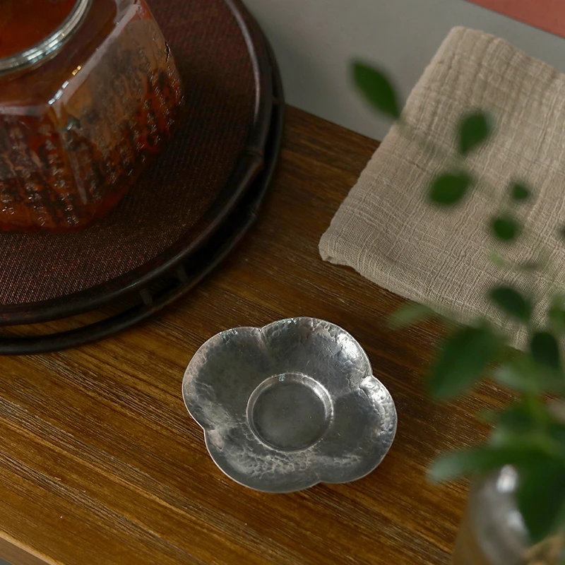 足银999银杯垫纯手工一张打复古锤纹花瓣茶道零配茶具茶托 清霜