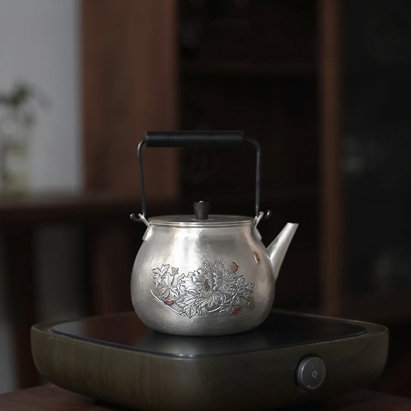 足银999银壶 烧水壶煮茶壶纯手工刻花复古银器茶具茶道 云吉