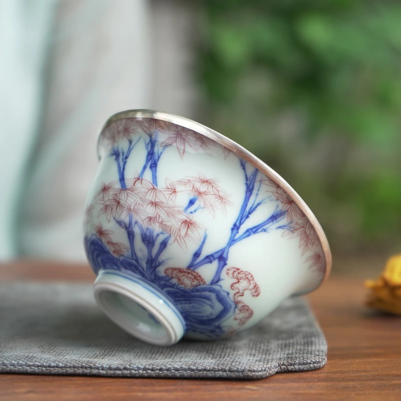 足银999银杯子纯手工包银杯品茗杯手绘家用主人杯瓷包银茶杯 留香