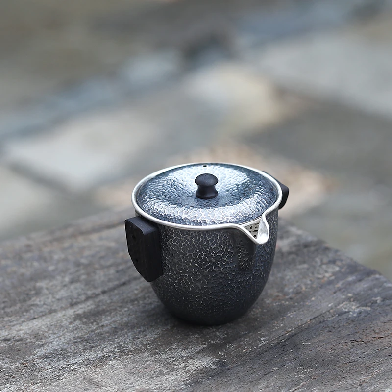 银壶足银999泡茶壶纯手工一张打日式银壶一体壶双耳泡茶壶 墨染