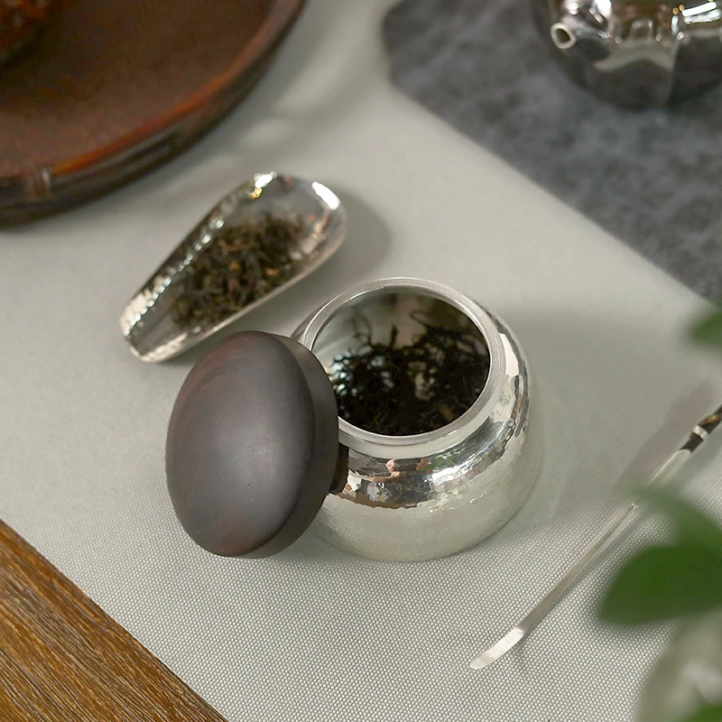 足银999 茶叶罐 日式储茶罐纯手工一张打密封罐茶盒便携茶仓 禅君