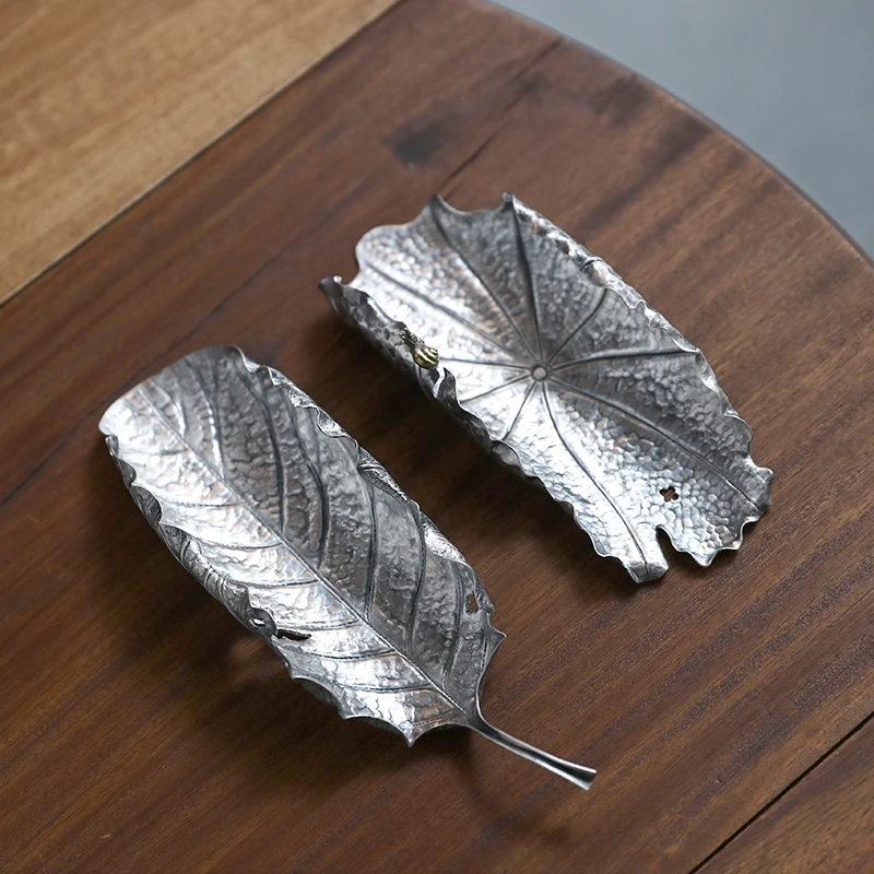 茶则足银999纯手工一张打茶道零配分茶器茶道六君子配件 秋叶荷华