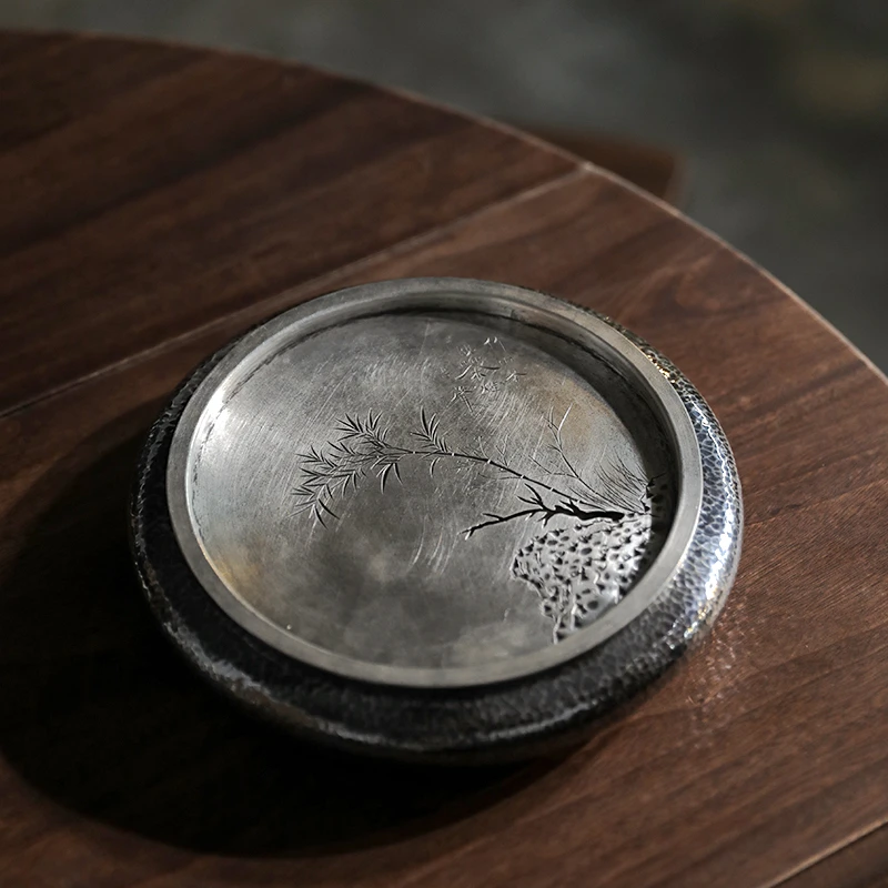 壶承足银999茶盘茶承纯手工一张打日式茶台干泡台茶道零配件 竹喧