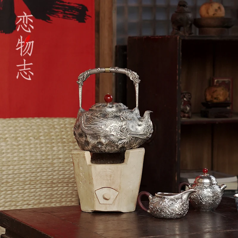 足银999银烧水壶纯手工一张打中式复古家用提梁煮茶壶   古龙