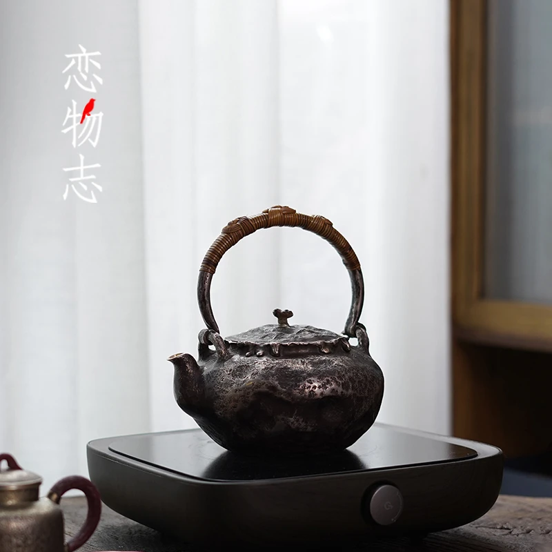 足银999纯手工一张打侘寂风烧水壶提梁壶做旧复古功夫茶器 归真