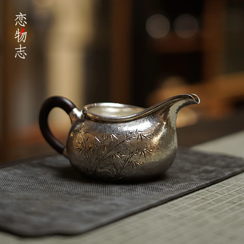 足银999一张打足银分茶器纯手工錾刻中式复古功夫茶具茶器 墨竹