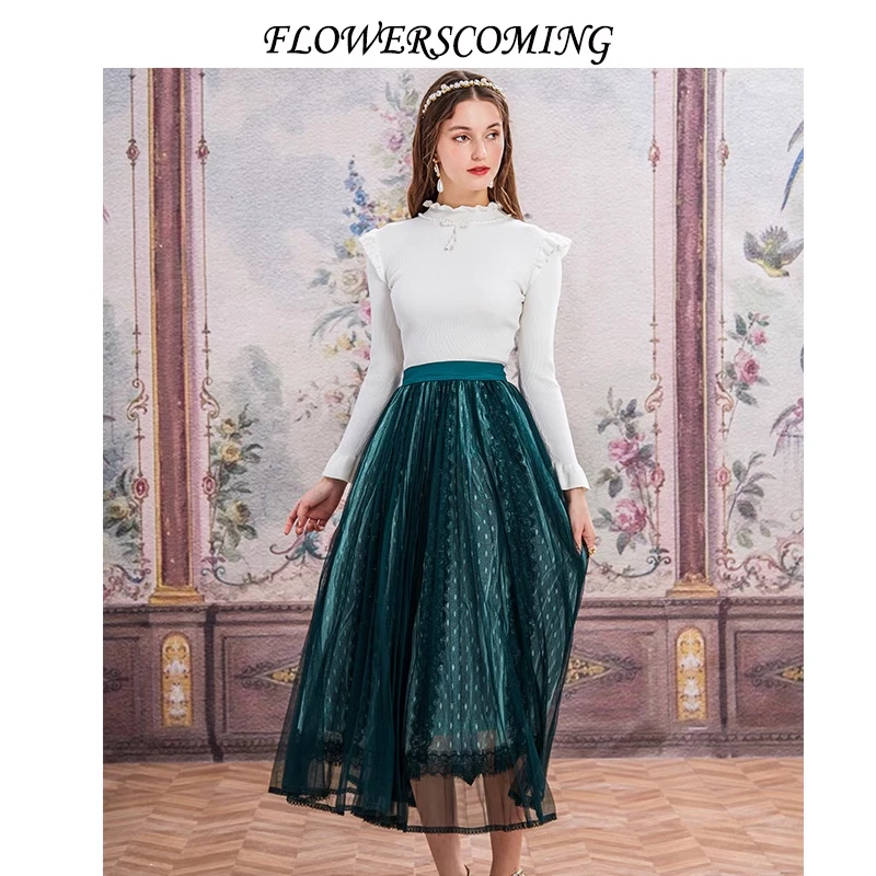 花儿开了蕾丝网纱波点半身裙女2023秋装新款高腰优雅复古A字长裙