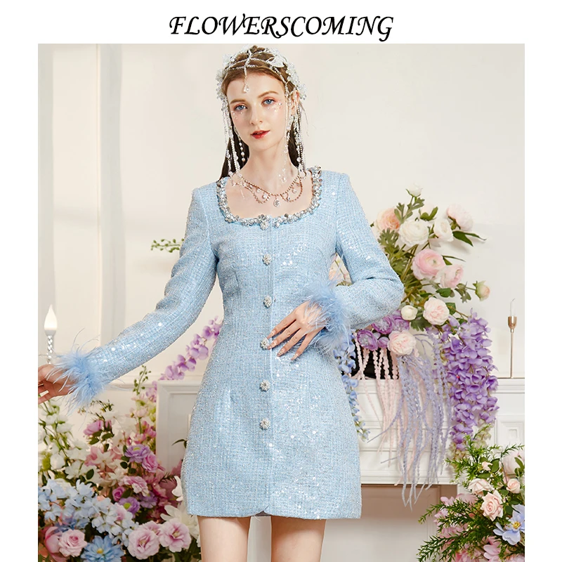 花儿开了2024秋季新款方领粗花呢长袖钉珠小香风蓝色短款连衣裙女